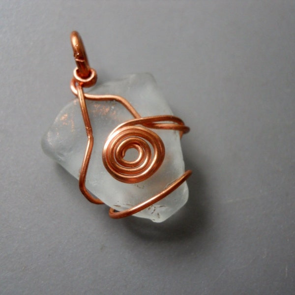 Clear Frosty White Seaglass Beach Glass Copper Wire Wrapped Scroll Design Pendant Charm