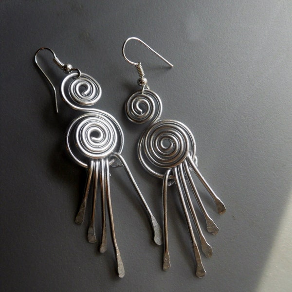 Silver Tone Anodized Aluminum Wire Peacock Whimsical Mermaid Tassel Wind Chime BOLD Earrings