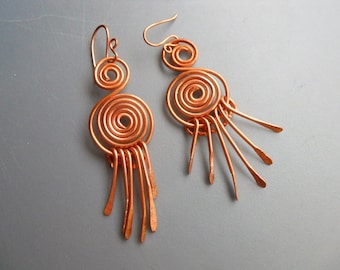 Copper Wire Peacock Whimsical Mermaid Tassel Wind Chime BOLD Earrings