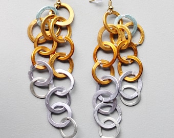 Hammered Aluminum Copper Brass Chrome Tone Chainmaille Chandelier Modernist Earrings
