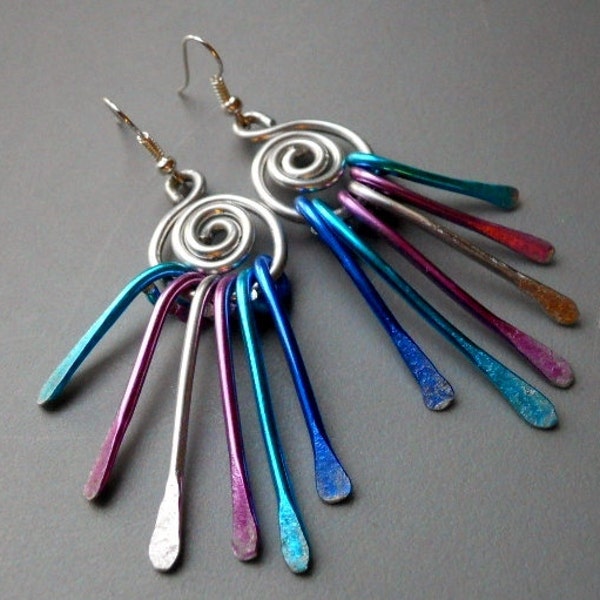 Anodized Hammered Aluminum Pink Silver Tone Blue Swirl Peacock Wind Chime Tassle Goddess Earrings