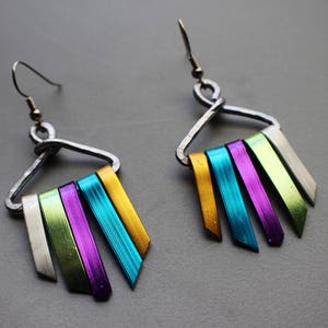 Rainbow Silver Tone Anodized Aluminum Xena Warrior Bold Goddess Tribal Tassel Wind Chime Earrings