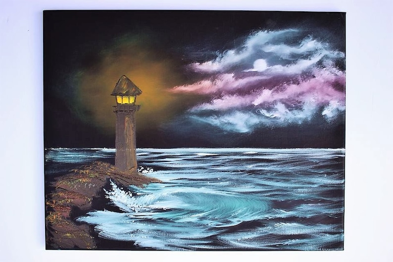 Bob Ross Style Oil Painting Seascape Landscape Ocean Night Etsy