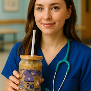 Gift for Nurses, Nurse Iced Coffee Cup with Bamboo Lid & Glass Straw, Purple Medical Design, Graduation Fift, Gift For Her, Gift for Him