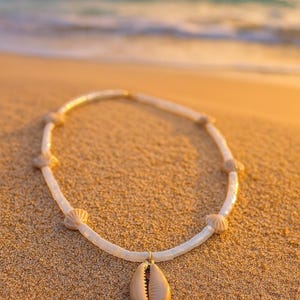 Coastal Choker, Boho Beach Necklace With Natural Mother of Pearl Shell Beads & Gold-Trimmed Cowrie Pendant, Gift for Her, Summer Jewelry