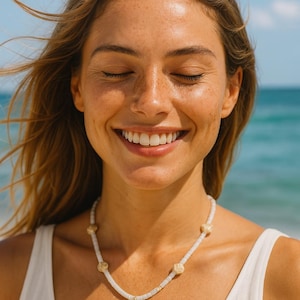 Boho Beach Necklace With Natural Mother of Pearl Shell Beads & Gold-Trimmed Cowrie Pendant, Coastal Choker, Gift for Her, Summer Jewelry