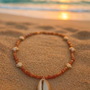 Handmade Beach Jewelry, Cowrie Shell Necklace Boho Beaded Choker with Gemstone Beads & Carved Shells, Summer Gift for Her, Coastal Style