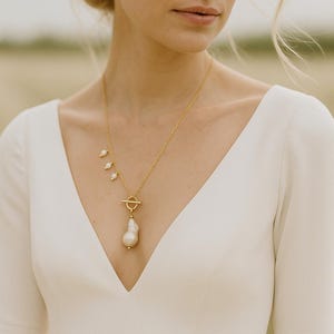 Baroque Pearl Drop Necklace with Asymmetric Freshwater Pearl Accents and Toggle Clasp, Gold or Silver Chain, Gift for Her, Gift for Mom