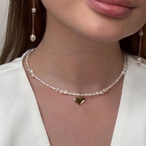 Dainty Freshwater Pearl Choker: Gold Heart Bridal Necklace