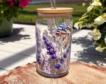 Lavender Butterfly Glass Tumbler with Bamboo Lid & Glass Straw, 16oz Eco-Friendly Iced Coffee, Cup with Wraparound Floral Design