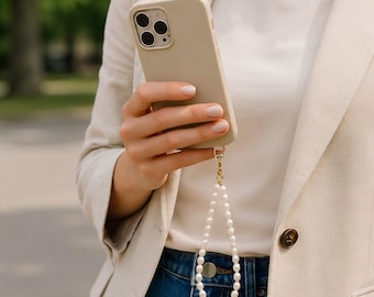 AAAA Freshwater Pearl Phone Charm Strap, Beaded Wristlet, Minimalist Phone Accessory, Elegant Phone Chain, Handmade Gift for Her