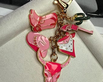 Cowgirl Keychain: Western Boot, Hat, Bull Skull Charms