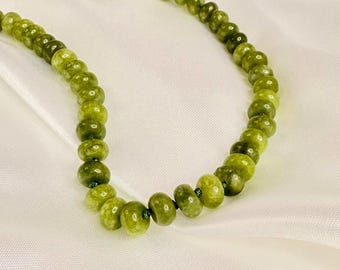 Green Jade Beaded Necklace, Hand Knotted Jade Choker, 5x8mm Gemstone Necklace, Green Bead Necklace Gift for Her