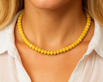 Hand Knotted Rondelle Beaded Necklace, Yellow Jade Necklace, Yellow Gemstone Choker, Gift for Her