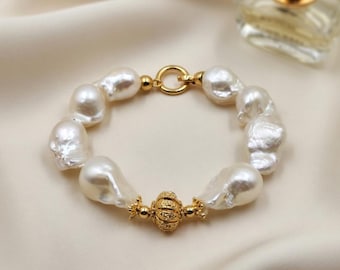 Baroque Pearl Bracelet, Handmade Pearl Jewelry, 18K Gold Plated Clasp, Gold Accent Bracelet, Elegant Gift for Her, USA