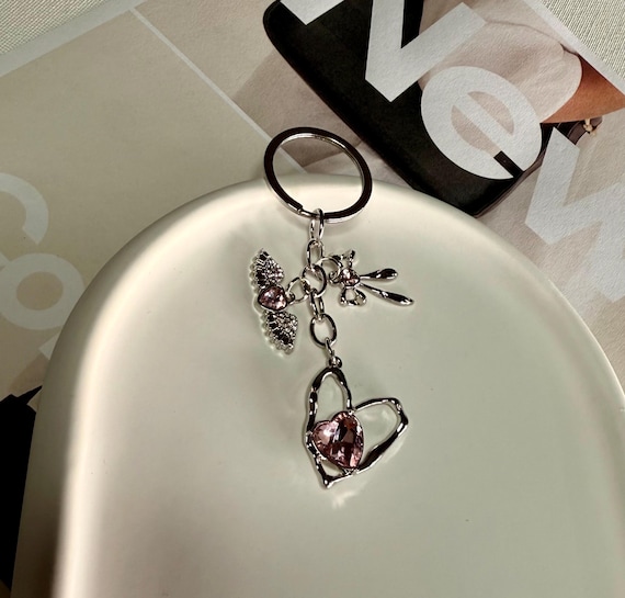 Angel Wings Heart Keychain: Kawaii Pink Crystal Car Keyring