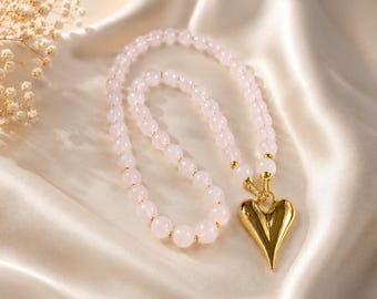 Pink Gemstone Beaded Necklace with Gold Heart Pendant | Rose Quartz and Heart Necklace | Handmade Natural Stone Jewelry Gift for Her