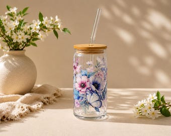 Iced Coffee Tumbler, Butterfly Floral Glass Cup with Bamboo Lid and Glass Straw, Aesthetic Gift For Her, 16oz Glass Cup