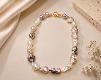 Extra Large Baroque Pearl Necklace, Multicolor Irregular Freshwater Pearls, Chunky Statement Jewelry Gift for Her, Gold Toggle Clasp