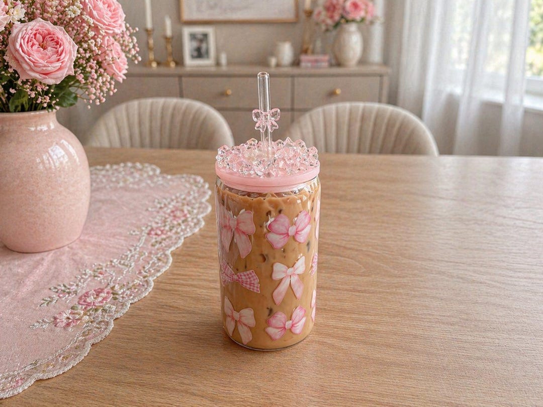 Coquette Style Drinkware -pink Bows Glass Can Cup - 16oz Aesthetic Iced ...