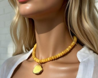 Yellow Gemstone Shell Necklace, Scallop Shell Pendant on Yellow Beads, Summer Beach Jewelry, Gift for Her, Ocean Inspired, Coastal Style