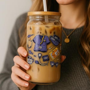 Nurse Iced Coffee Cup with Bamboo Lid & Glass Straw, Purple Medical Design, Gift for Nurses, Graduation Fift, Gift For Her, Gift for Him