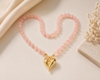 Rose Quartz and Heart Necklace | Pink Gemstone Beaded Necklace with Gold Heart Pendant | Handmade Natural Stone Jewelry Gift for Her