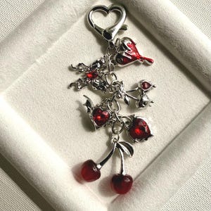 Devil & Skull Charms, Gothic Cherry Charm Keychain – Red or Black Heart Pendant, Statement Bag Accessory, Edgy Y2K Aesthetic, Gift for Her