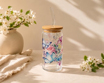 Butterfly Floral Glass Cup with Bamboo Lid and Glass Straw, Iced Coffee Tumbler, Aesthetic Gift For Her, 16oz Glass Cup