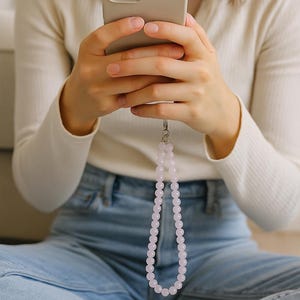 Rose Quartz Phone Charm Strap, Beaded Phone Wristlet, Crystal Phone Accessory, Gemstone Wrist Strap, Handmade Gift for Her