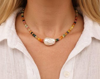 Parelketting met meerdere edelstenen, kleurrijke kralen choker, verguld sieraad, barokparelketting, cadeau voor haar, VS