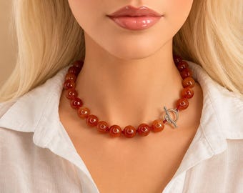 Red Carnelian Crystal Necklace, Natural Red Gemstone Choker, Statement Red Stone Jewelry, Hand-Knotted Red Carnelian Necklace, Gift for Her