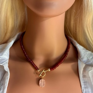 Dainty Red Carnelian Choker Necklace with Rose Quartz Pendant, Genuine Gemstone Jewelry for Her, Healing Crystal Necklace, Gift for Her