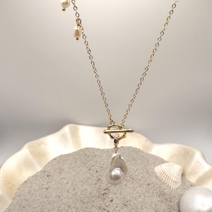 Toggle Clasp and Freshwater Pearl Drop Necklace with Asymmetric Baroque Pearl Accents, Gold or Silver Chain, Gift for Her, Gift for Mom
