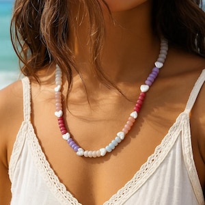 Gemstone Beaded Necklace: Rainbow Choker with White Heart Pearls
