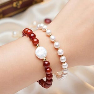 Dainty Carnelian Bracelet, Red Carnelian Bracelet with Baroque Pearl Charm, Ruby Red Gemstone Beaded Bracelet, Gift for Her