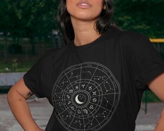 Camiseta de astrología, camiseta del zodiaco, camiseta de signos solares, camiseta de estrellas, signos astrológicos, camiseta gráfica negra, regalo de cumpleaños