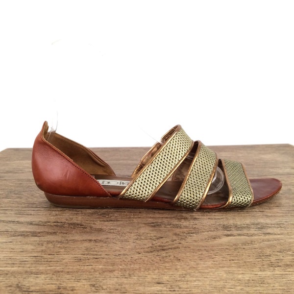 vintage 90s metallic GOLD + COGNAC leather STRAPPY sandals - 8 us, 38 eur