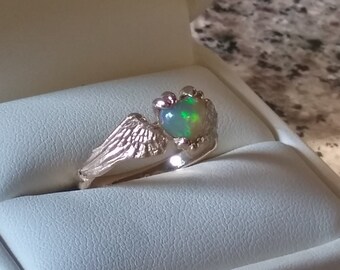 HEARTBEAT:   Opal Heart Cabochon Ring in Solid 14K Yellow Gold Size 7 Ready to Ship