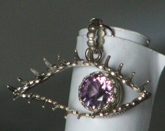 METAL MASCARA- Simulated Alexandrite Color Change Sterling Silver Filigree Eye Pendant Ready to Ship