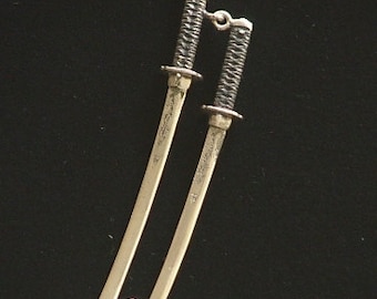 KATANA DUO: Sterling Silver Japanese Katana and Wakizashi Pendant with Dragons-Made to Order