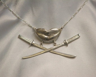 Sterling Silver Lips and Katanas Necklace: Figaro Chain, Edgy Jewelry