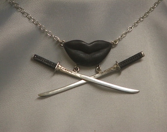 SUCCINCT-ARTICULATE-CONCISE: Version #2 Gothic Sterling Silver Kissing Lips and Katanas Necklace- Ready to Ship