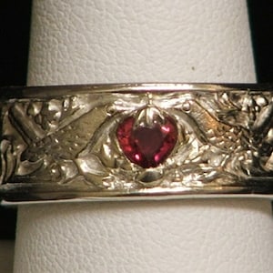 William Morris Inspired Bird and Strawberry Ring with Red Sapphire Strawberry Size 8 1/2-Made to Order