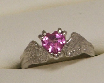 HEARTBEAT Sterling Silver and Lab Created Pink Sapphire Angel Fairy Wings With a Heart-Ready to Ship