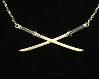 CROSSED SWORDS Sterling Silver Dragon and Tiger Katana Necklace 18" Made to Order