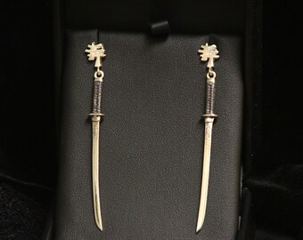 Tiger Katana Earrings - Sterling Silver Japanese Sword Jewelry Made to Order