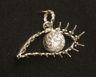 METAL MASCARA- Clear Cubic Zirconia Sterling Silver Filigree Eye Pendant Ready to Ship