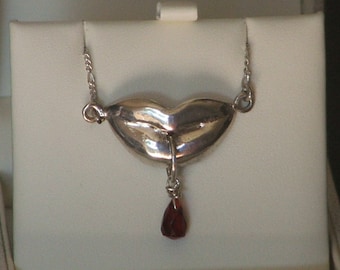 FIRST TASTE: Sterling Silver Kissing Lips with Red Jade Drop Necklace- Made to Order