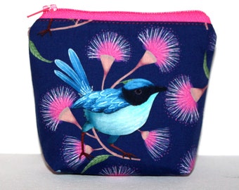 Zippered Pouch with Flat Bottom in Gorgeous Blue Wren Fabric